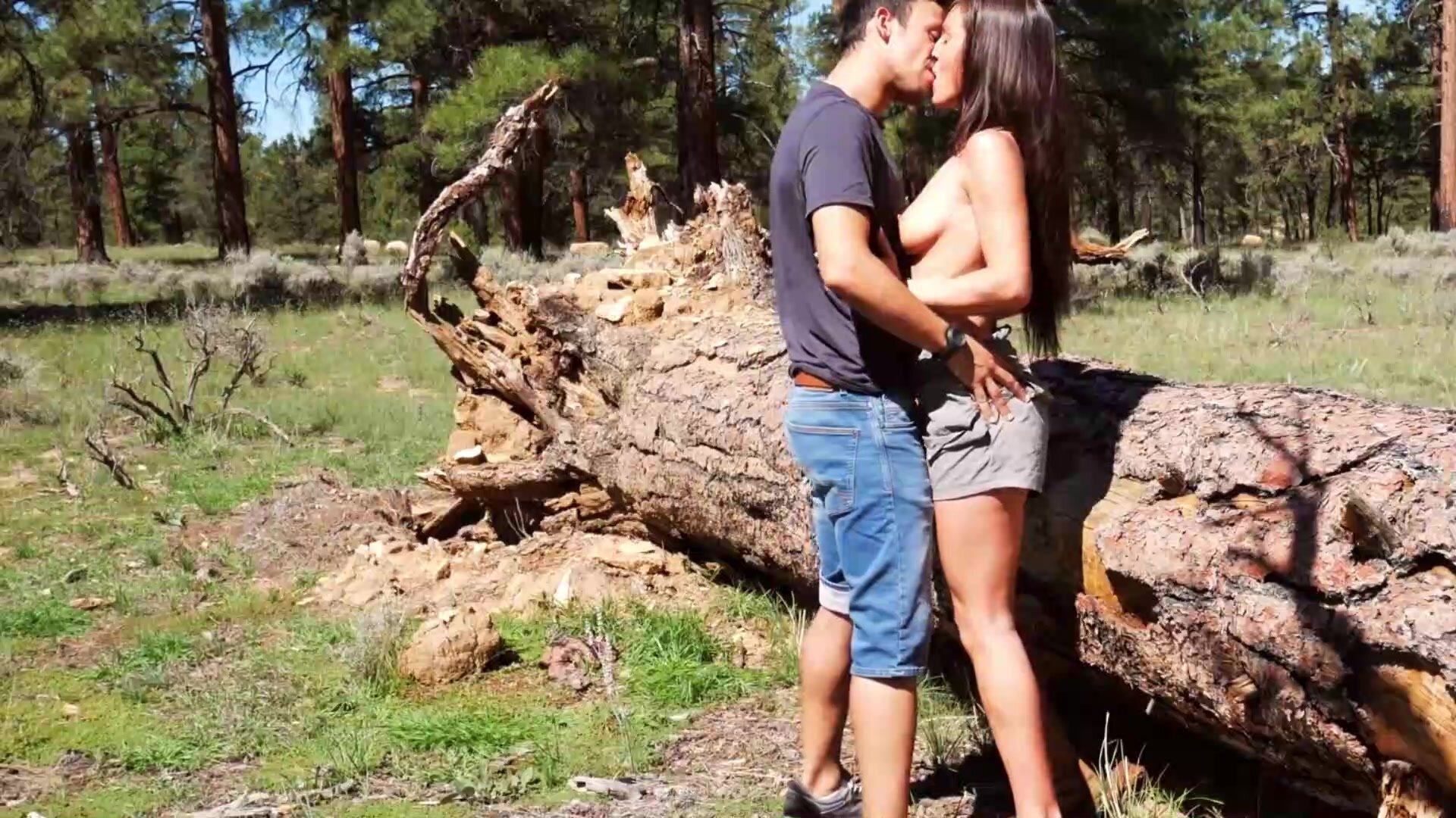 Amateur Paare hat Sex auf einem großen Holzscheit